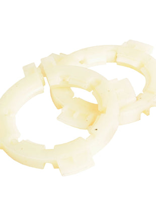 Two large white, circular plastic rings with segmented edges, partially overlapping each other against a plain white background. These EASYLOCK BEARINGS 2X55MM LARG from Sparex ensure a secure fit and reliable protection.