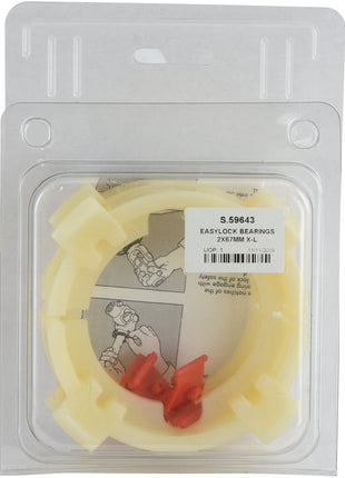 Plastic packaging containing Sparex EASYLOCK BEARINGS 2X67MM X-L with a label displaying "Sparex Part No. S.59643 Easylock Bearings." The background includes an instruction illustration from Agripak.