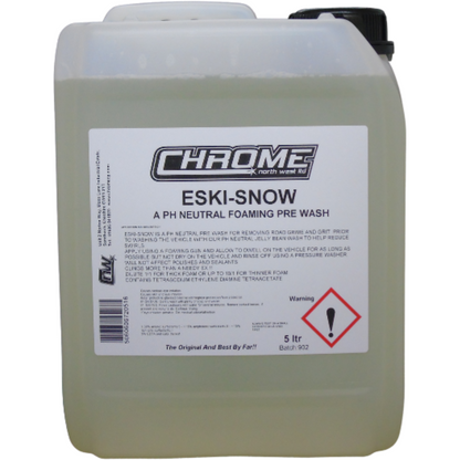 A 5-liter container of JMCE's "Chrome - Eski Snow" pH neutral foaming pre-wash. The label includes usage instructions, safety warnings, and a batch number.
