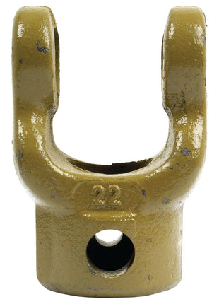 A Sparex PTO Implement Yoke, featuring a 22 x 54.8mm U-joint size, a greenish-yellow finish, and a central circular opening with a Vicon 30mm bore yoke, commonly used in Vicon PTO Series applications. Suitable for use as Sparex Part No. S.6003.