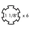 A diagram of a six-point, gear-like shape with the measurement "1 1/8 inches" and "x 6" written next to it, commonly used in PTO Series applications like the Sparex PTO Yoke - Quick Release (U/J Size: 22 x 54.8mm), Sparex Part No. S.6004.