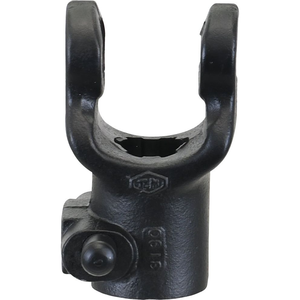 Image of the black metal PTO Yoke - Quick Release from Sparex (U/J Size: 22 x 54.8mm) with two arms and a bolt for attachment, featuring a 1 1/8''-6 Spline (Sparex Part No. S.6004).