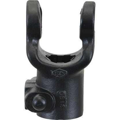 Image of the black metal PTO Yoke - Quick Release from Sparex (U/J Size: 22 x 54.8mm) with two arms and a bolt for attachment, featuring a 1 1/8''-6 Spline (Sparex Part No. S.6004).