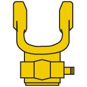 Illustration of a yellow mechanical component with a U-shaped top and a hexagonal base, resembling the PTO Yoke - Quick Release (U/J Size: 22 x 54.8mm) from Sparex, crucial for the Bondioli & Pavesi Universal Joint assembly (1 3/8''-6 Spline | Sparex Part No.S.6008).