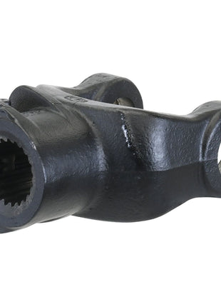 Close-up of a black metallic PTO Yoke - Quick Release (U/J Size: 22 x 54.8mm) with two round holes, one with a threaded interior and the other plain, possibly from Sparex. This component, identified as Sparex Part No.S.6009, is likely used in industrial machinery or automotive applications.