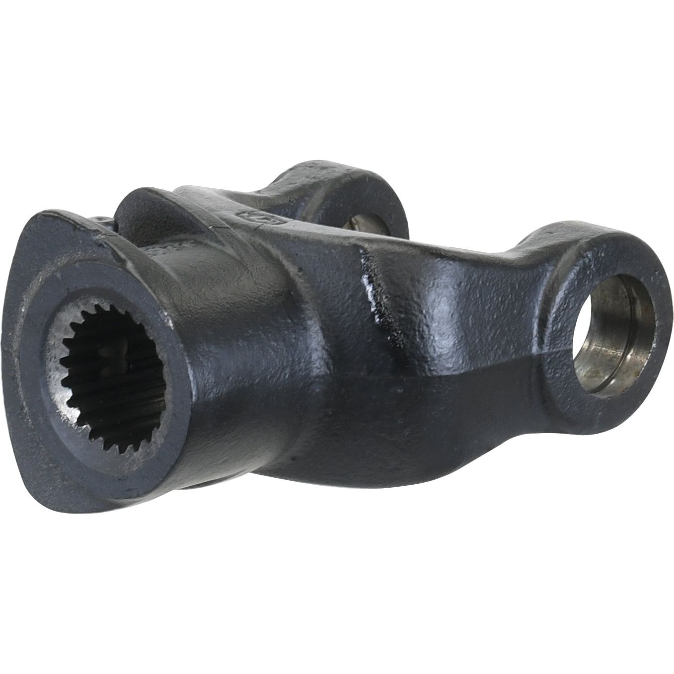 Close-up of a black metallic PTO Yoke - Quick Release (U/J Size: 22 x 54.8mm) with two round holes, one with a threaded interior and the other plain, possibly from Sparex. This component, identified as Sparex Part No.S.6009, is likely used in industrial machinery or automotive applications.
