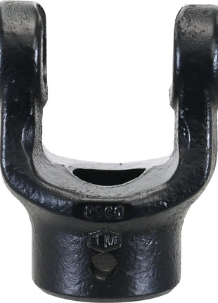 A close-up view of the Sparex PTO Yoke - Pinhole Yoke (U/J Size: 23.8 x 61.2mm, Bore Ø1 3/8'', Pin Ø1/2''), showcasing its black metal clevis yoke with two prongs and a hole for securing a pin, and highlighting the universal joint dimensions.