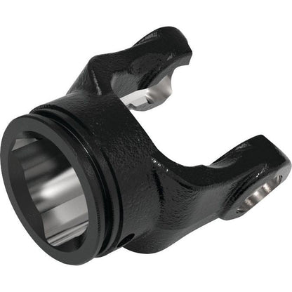 A black PTO Tube Yoke by Sparex, featuring a U-shaped design with a silver interior, two prongs, a cylindrical base, and universal joint dimensions of 35 x 94mm.