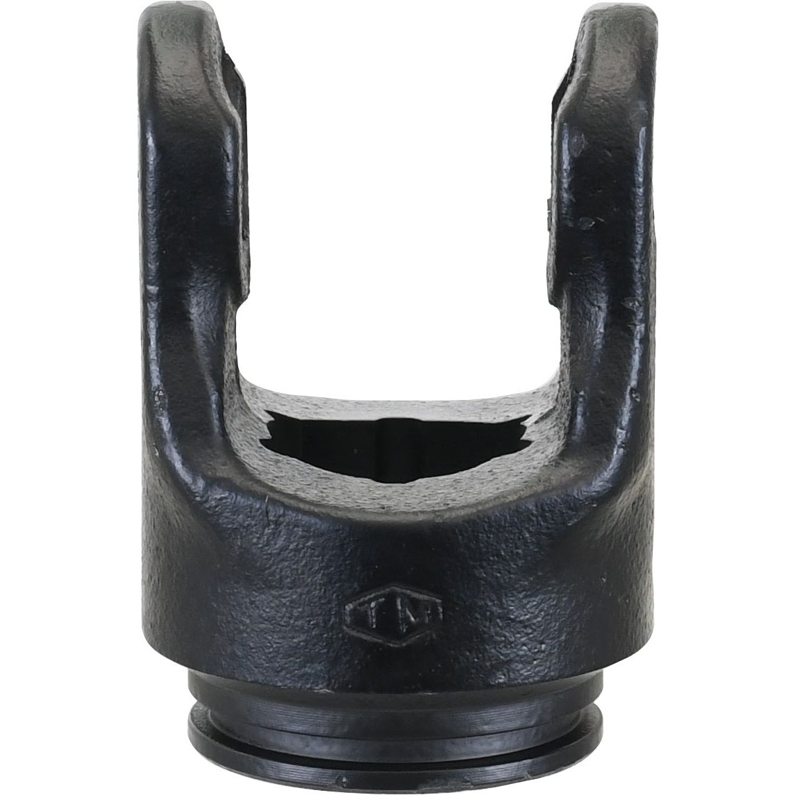 A robust black metallic industrial component, the PTO Tube Yoke (U/J Size: 34 x 90mm) by Sparex, features a U-shaped top and a cylindrical base and is often used alongside a Sparex Universal Joint.