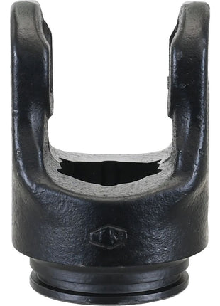 A black, cast iron PTO Tube Yoke (U/J Size: 34 x 90mm) with a round base and two parallel arms, compatible with PTO Series components. This component features a Star profile with dimensions of 61 x 47 x 4.5mm and is catalogued as Sparex Part No. S.6023 by the brand Sparex.