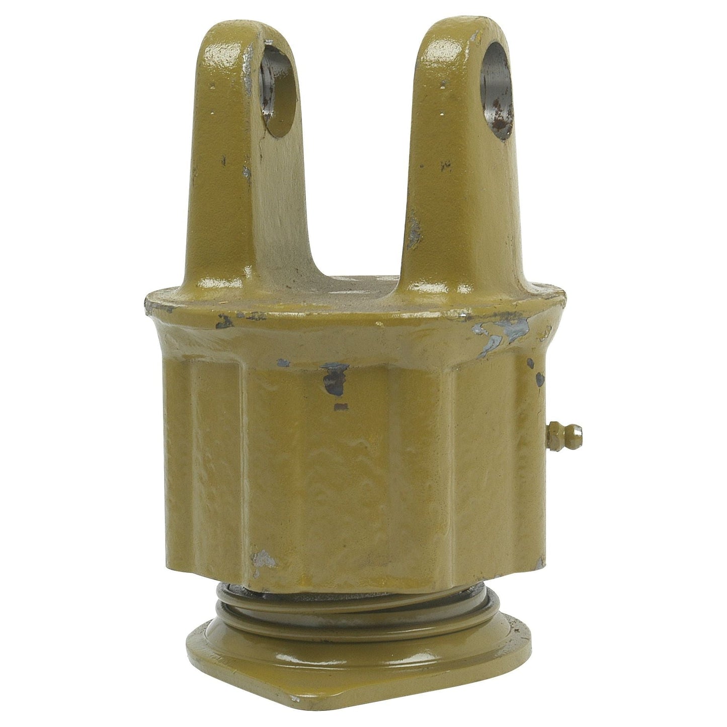 A PTO Over-Running Clutch (U/J Size: 23.8 x 61.2mm) with the size of 1 3/8''-6 Spline - S.6035 by Sparex, featuring a yellow, metal mechanical part with two vertical prongs and a coiled spring at the base, similar to the German Series AW20/W2200. The part shows signs of wear and scratches.