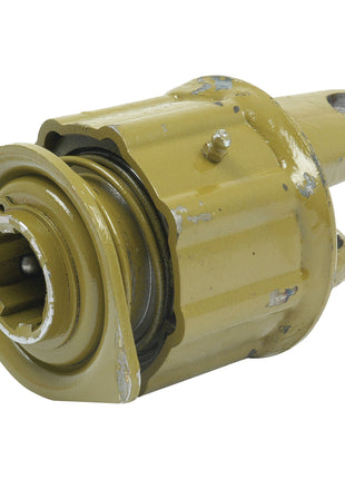 Close-up of a worn, yellow-painted PTO Over-Running Clutch (U/J Size: 23.8 x 61.2mm) with visible scratches and a metallic sheen, typical of the Italian Series AB2/A2, by Sparex - Product Code S.6035, featuring a 1 3/8''-6 Spline connection.