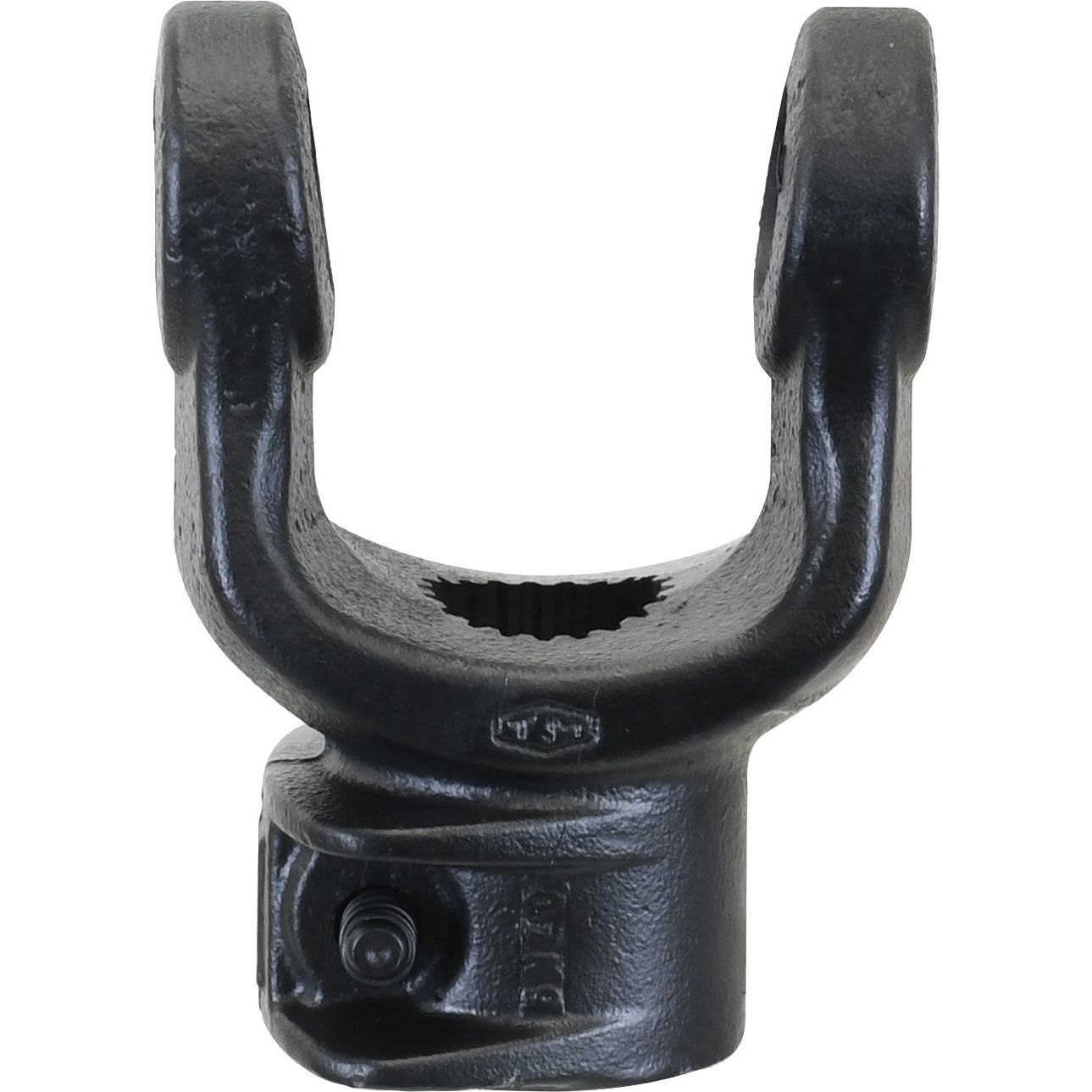 The Sparex PTO Yoke - Quick Release (U/J Size: 27 x 74.5mm), with a size of 1 3/8''-21 Spline and identified by Part No. S.6049, is a black cast iron component designed for mechanical applications, featuring two arms with holes and a central slot, compatible with PTO Series universal joints.