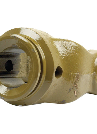 A close-up of a yellow-painted industrial Sparex PTO Tube Yoke (U/J Size: 35 x 106.5mm) with a cylindrical shape, threading at one end, two bolt holes, and a star profile size of 51 x 37mm.