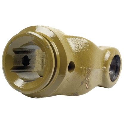 A close-up of a yellow-painted industrial Sparex PTO Tube Yoke (U/J Size: 35 x 106.5mm) with a cylindrical shape, threading at one end, two bolt holes, and a star profile size of 51 x 37mm.