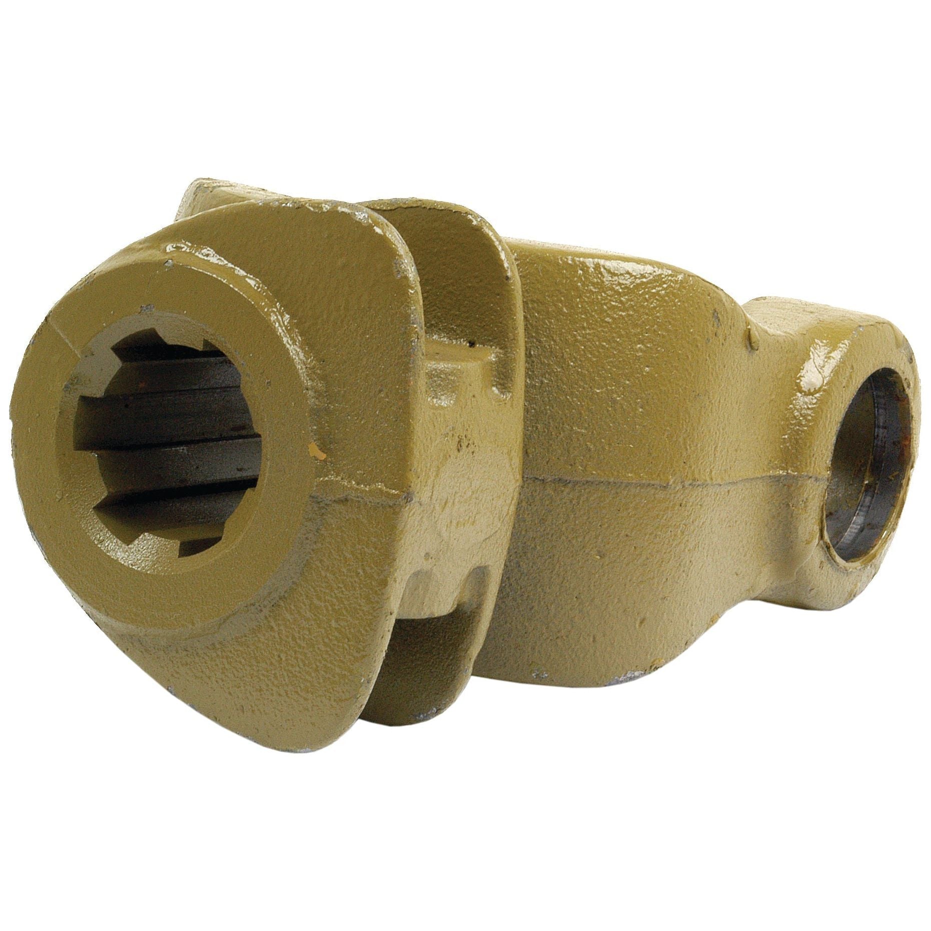 A detailed close-up of the Sparex PTO Yoke - Quick Release (U/J Size: 35 x 106.5mm), featuring a yellow metal hollow cylindrical shape with a notched interior, often used as an alternative to the PTO Series.