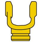 Illustration of a yellow pin and socket joint piece with a U-shaped opening on top and a cylindrical base. The design, reminiscent of the Sparex PTO Tube Yoke (U/J Size: 22 x 54.8mm) Profile: Triangle, Size: 26.5 x 26.5 x 3.5mm, Ref: 12502 (Sparex Part No.S.6070), is simple and schematic.

