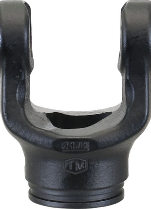 Close-up of a black, Y-shaped PTO Tube Yoke from the Sparex brand, featuring a cylindrical base and two parallel arms. This mechanical component is possibly part of a universal joint from the PTO Series AB1/A1. Product specifications include U/J size: 22 x 54.8mm and profile: triangle, size: 26.5 x 26.5 x 3.5mm (Ref: 12502 | Sparex Part No.S.6070).