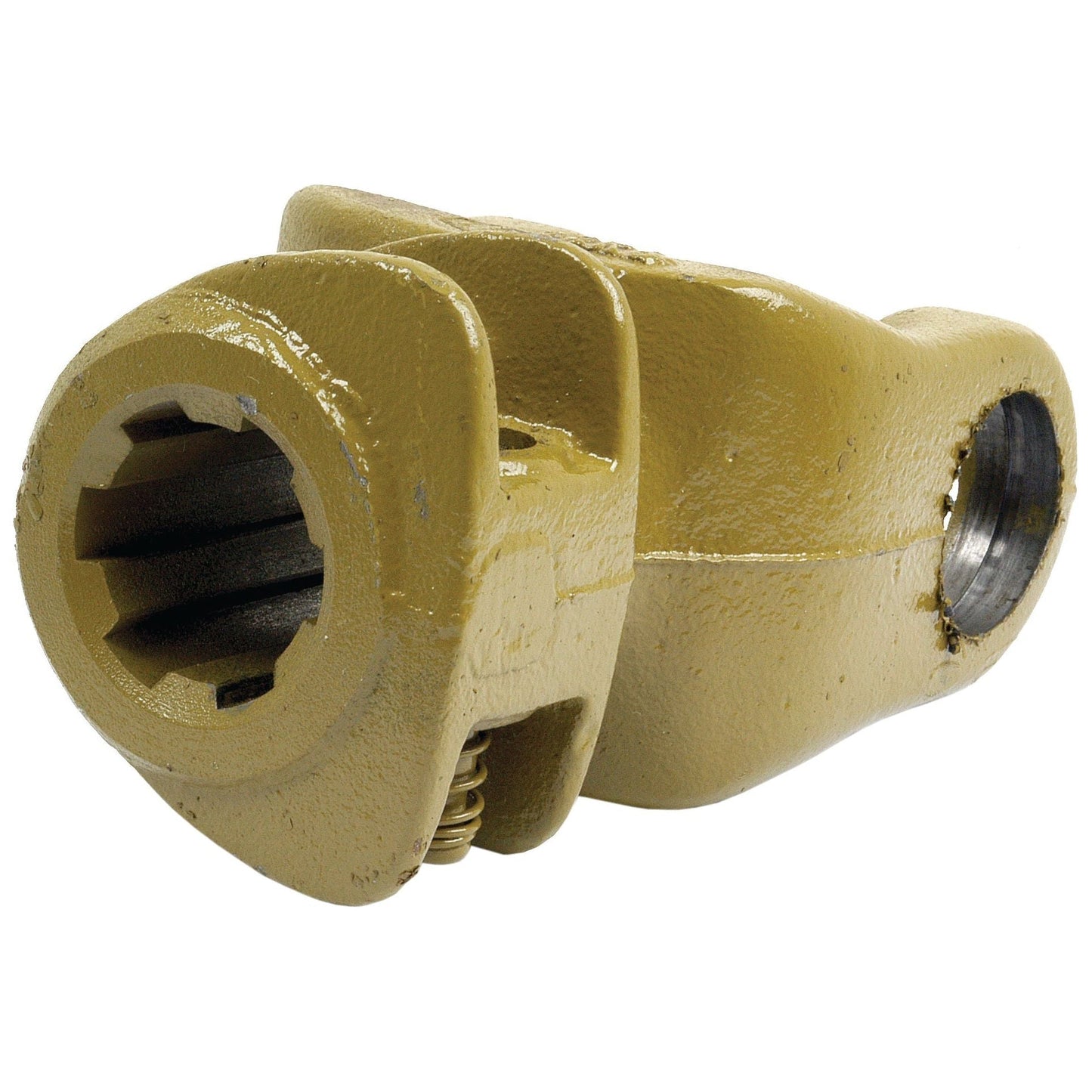The Sparex PTO Yoke - Quick Release (U/J Size: 32 x 76mm), with Sparex Part No. S.6078, is a yellow metal mechanical part featuring a threaded hole on one end and a grooved socket on the other, designed for compatibility with Massey Ferguson machinery. Its size is 1 3/8''-6 Spline.
