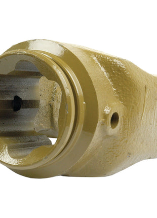 Close-up of a metallic PTO Tube Yoke with a cylindrical shape and a honey-colored finish, reminiscent of an AW36/W2500 coating. It features a hollow interior with grooved edges, similar to universal joint dimensions. This Sparex part (No. S.6085) measures 61 x 47 x 4.5mm and has a star profile fitting the U/J size of 36 x 89mm, ref: S5.