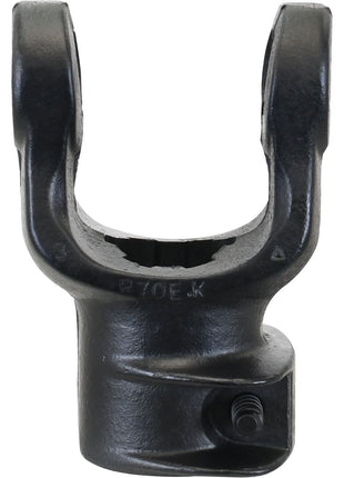 The PTO Yoke - Quick Release (U/J Size: 30.2 x 79.4mm) from Sparex, part number S.6086, is a black metal fitting designed for mechanical or automotive applications. It features a U-shaped structure with a threaded hole for secure attachment and is compatible with Bondioli & Pavesi PTO Series AB5/A5, ensuring robust performance and reliability. Available through Sparex, it has a size of 1 3/4''-6 spline.
