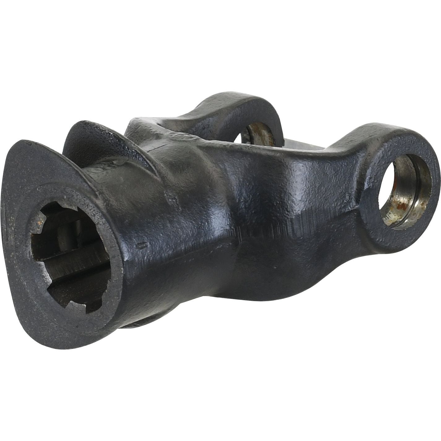 A close-up view of the Sparex Quick Release PTO Yoke (U/J Size: 30.2 x 79.4mm, Size: 1 3/4''-6 Spline, Sparex Part No.S.6086) in black cast metal, featuring two circular holes and a hexagonal opening designed for mechanical or industrial applications from the Sparex PTO Series AB5/A5.