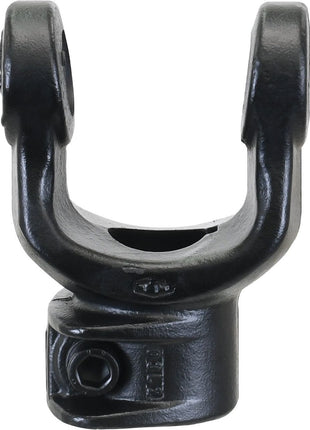 A close-up view of the Sparex Clamp Yoke - Non Interfering (U/J Size: 23.8 x 61.2mm), featuring a black metal base with a Ø30mm bore, an 8mm key, and two upward-facing arms with a screw hole.