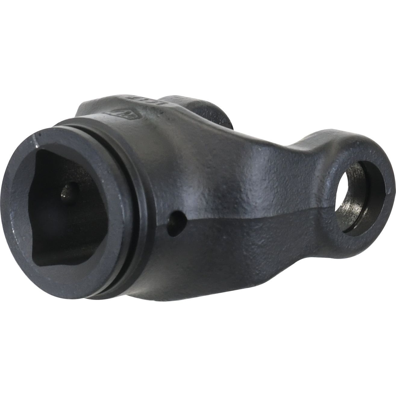 A triangle-profiled black metal PTO Tube Yoke from the Sparex PTO Series AB4/A4 (Ref: 12508) featuring a universal joint size of 27 x 74.5mm and dimensions of 43.5 x 43.5 x 3mm, ideal as a Sparex Part No.S.6101 component with a hollow square opening on one end and a circular hole on the other.