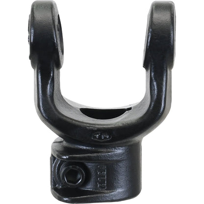 An image of a black metal PTO Yoke, part of the Sparex German Series (Sparex Part No. S.6109), featuring a U-shaped top and cylindrical base, with interfering clamp bolt for U/J size 27 x 74.5mm, bore diameter 35mm, and key size 10mm.