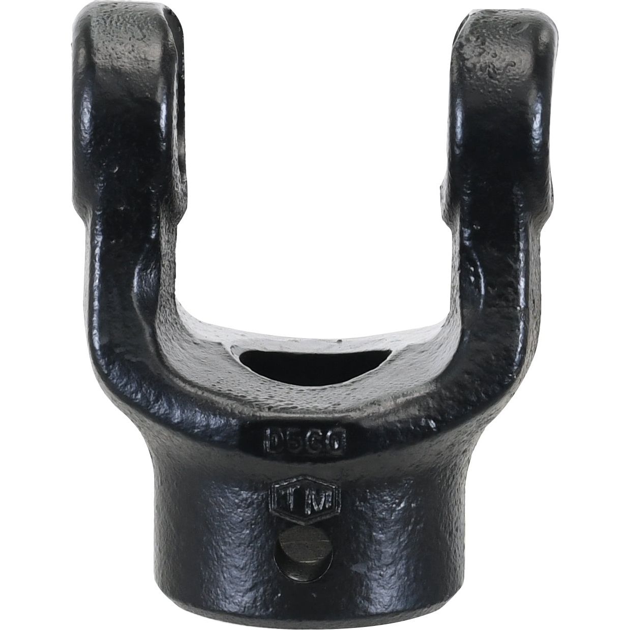 Close-up view of a black, U-shaped metal PTO Yoke - Pinhole Yoke (U/J Size: 27 x 74.5mm) with a hollow center and a single bolt at the base, matching Sparex Part No.S.6137 specifications.