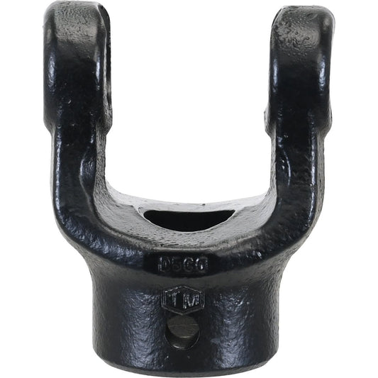 Close-up view of a black, U-shaped metal PTO Yoke - Pinhole Yoke (U/J Size: 27 x 74.5mm) with a hollow center and a single bolt at the base, matching Sparex Part No.S.6137 specifications.