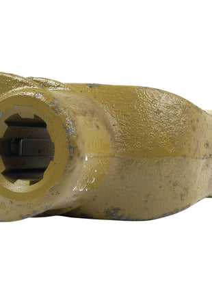 A close-up image of a yellow, metal machine part with visible wear and a hexagonal hole on one end, possibly from a Sparex PTO Yoke - Quick Release (U/J Size: 30.2 x 106.5mm), Sparex Part No.S.6138.