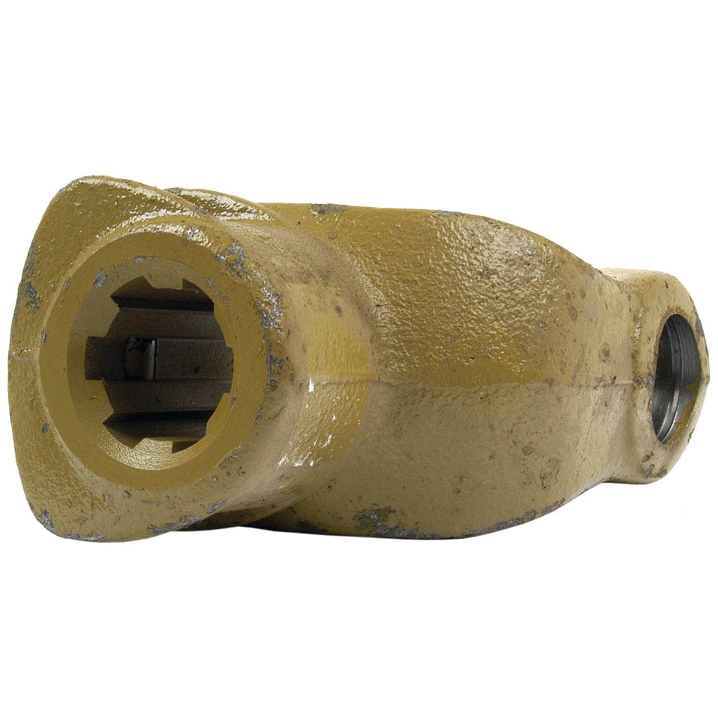 A close-up image of a yellow, metal machine part with visible wear and a hexagonal hole on one end, possibly from a Sparex PTO Yoke - Quick Release (U/J Size: 30.2 x 106.5mm), Sparex Part No.S.6138.