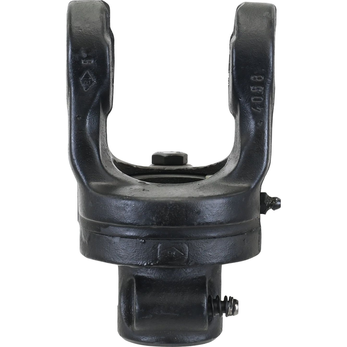 The Sparex PTO Shearbolt Clutch (U/J Size: 23.8 x 61.2mm), featuring a black metal yoke with threaded holes and a central opening, is used for connecting mechanical parts or machinery components; it is compatible with the Italian Series AB2/A2. The size specification is 1 3/8''-6 Spline - S.6156.