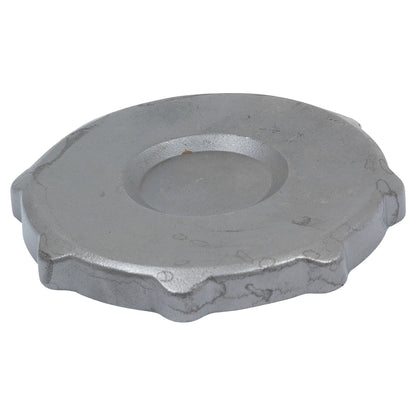 A round, metallic cap or cover with beveled edges and a central indentation, reminiscent of the precision found in the PTO Freewheel Flange (RH) by Sparex, Part No.S.6184, set against a plain white background.