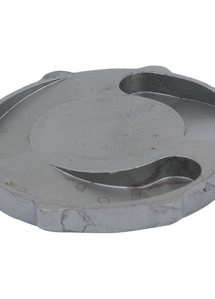 A round, flat, grey metallic object with curved indentations and protrusions, resembling an abstract design, akin to the PTO Freewheel Flange (RH) by Sparex, Sparex Part No. S.6184 used in high-tech engineering.