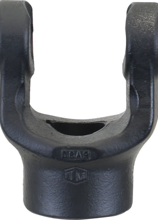 The Sparex PTO Yoke - Keyed Yoke (U/J Size: 22 x 54.8mm), Bore Ø1'', Key Size: 1/4''. | Sparex Part No.S.6192, is a black metal u-joint yoke compatible with PTO Series applications. It features two prongs and an opening at the top, making it ideal for mechanical or automotive setups.