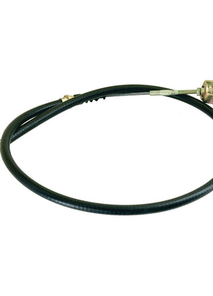 A coiled black metal PTO cable, part number S.62197 by Sparex, with a length of 1150mm and an outer cable length of 900mm, features connectors on both ends; one side has a threaded tip and the other a two-pronged metal clamp. It is compatible with Fiat tractors and available through Sparex.