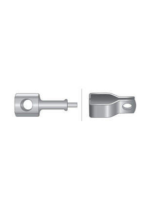 Two metallic components are displayed side by side on a white background: one features a cylindrical body with a hole, reminiscent of parts found in the Sparex PTO Cable (Length: 1080mm, Outer cable length: 780mm; Sparex Part No. S.62628), and the other is a flat piece with a loop at one end.