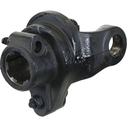 Close-up of a black metal mechanical part with several bolts and a circular opening on one end, indicative of the high-torque Sparex PTO Shearbolt Clutch (U/J Size: 36 x 89mm) Size: 1 3/4''-6 Spline - S.6263 from the PTO Series.