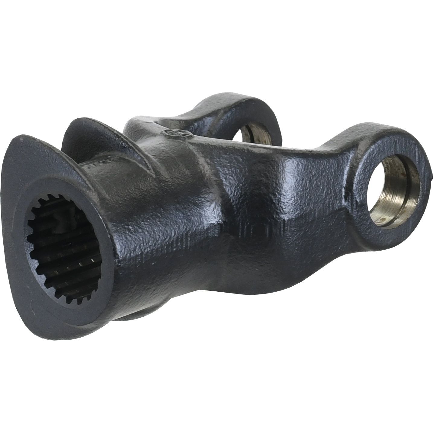 The Sparex PTO Yoke - Quick Release, featuring a U/J size of 32 x 76mm and a 1 3/4''-20 spline, is a black metal yoke with two circular eyelets on one end and a splined hole on the other for drive shaft connection, compatible with AW35/W2400 (Sparex Part No. S.6280).
