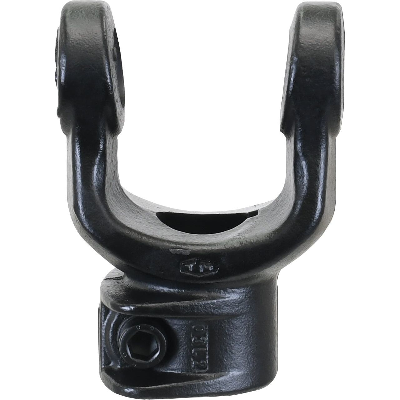 The Sparex PTO Yoke - Interfering Clamp Bolt (U/J Size: 30.2 x 92mm) SizeSpline, Part No.S.6282, is a metal universal joint yoke with a black finish designed for PTO Series applications and compatible with Bondioli & Pavesi specifications, featuring two round openings at the top and a hexagonal screw at the bottom.