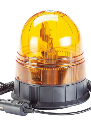 The Draper 12/24V Magnetic Base Rotating Beacon - RWB2 by Draper is an orange magnetic rotating beacon light, equipped with a heavy-duty magnetic base, coiled cord, and a plug for a car cigarette lighter socket. It features a bright halogen bulb for enhanced visibility.