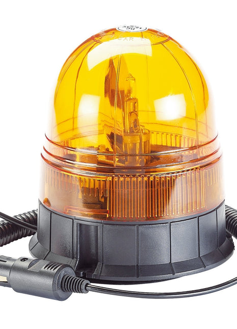 The Draper 12/24V Magnetic Base Rotating Beacon - RWB2 by Draper is an orange magnetic rotating beacon light, equipped with a heavy-duty magnetic base, coiled cord, and a plug for a car cigarette lighter socket. It features a bright halogen bulb for enhanced visibility.