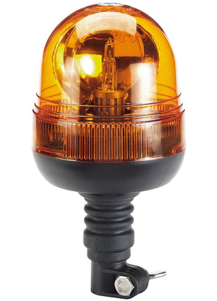 A close-up view of the Draper 12/24V Flexible Spigot Base Rotating Beacon - RWB4 reveals its orange light with a black mounting base and a clearly visible halogen bulb inside.