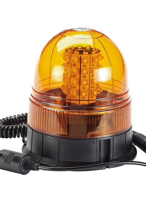 The Draper 12/24V LED Magnetic Base Rotating Beacon, 400 Lumens - RWB5, features a super bright orange light with a magnetic black base and a coiled power cord ending in a red plug connector, compatible with a 12/24V adaptor.