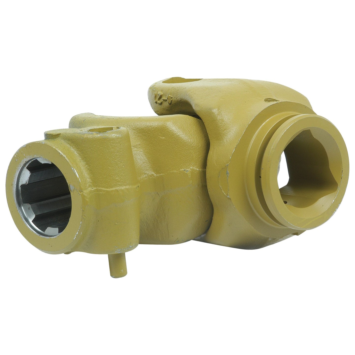 A yellow mechanical part with cylindrical openings on both ends, known as the PTO Coupling (U/J Size: 35 x 106.5mm) from the Sparex brand, size 1 3/8''-6 Spline, Profile: Triangle, Size: 54 x 54 x 4mm, Ref: 12512.