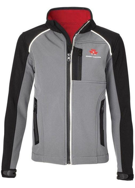 Introducing the Massey Ferguson Kids Softshell Jacket - X993311802 by AGCO. This stylish grey and black jacket for kids features a high collar, red lining, and a front zipper. It includes reflective detailing on two side zip pockets, one chest zip pocket, and a small emblem on the left chest.