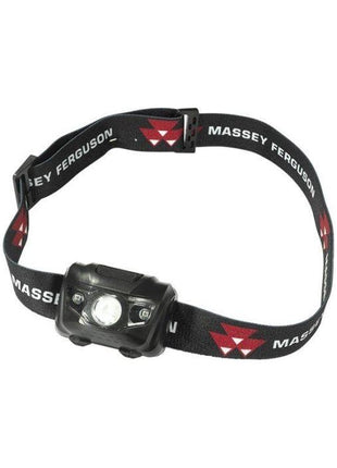 A black Massey Ferguson head torch (product code: X993211811000) from AGCO, featuring a multifunction LED bulb, an adjustable strap branded with "Massey Ferguson," and red logos on a white background.