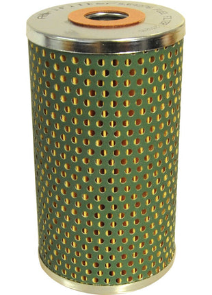 The Sparex Fuel Filter - Element - Secondary (Sparex Part No. S.64276) features a cylindrical, perforated metal filter with a green casing and a central hole at the top, making it an ideal choice as a Massey Ferguson fuel filter.